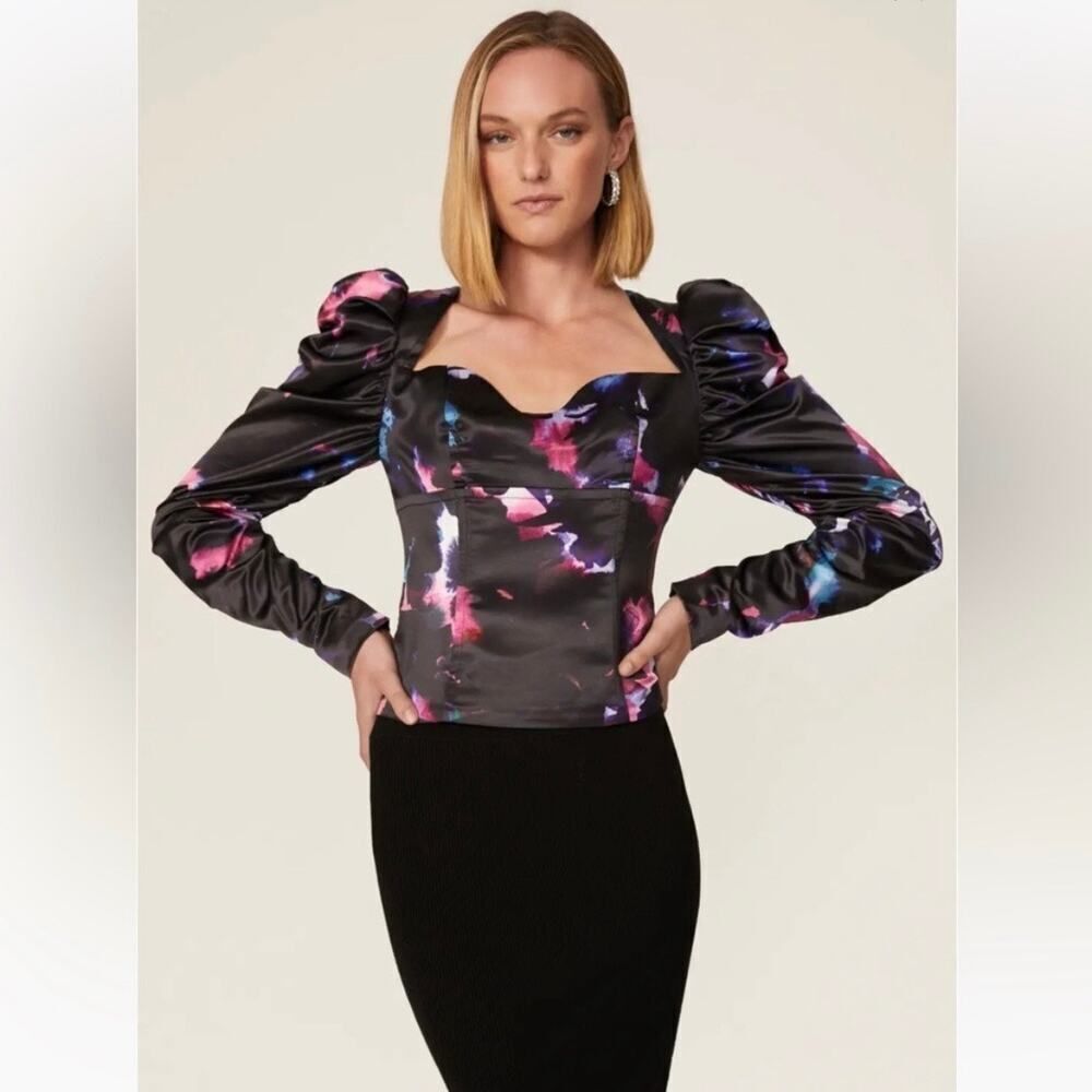 New Badgley Mischka Black Bustier Floral Top Size 6